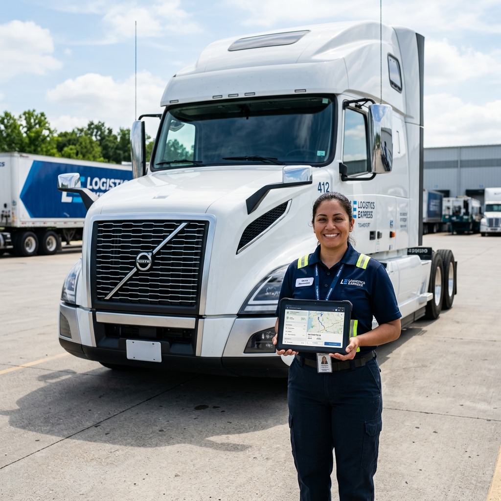 A driver standing beside her truck, holding a tablet with her DriverMarket profile